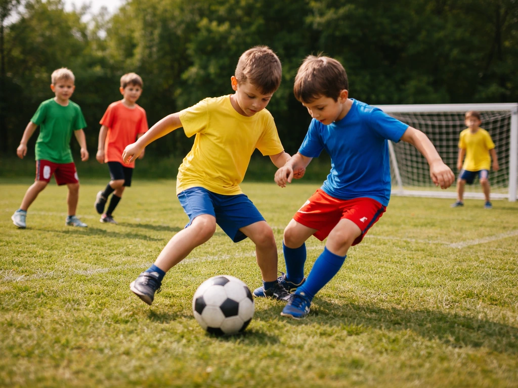 Enfants jouant un match 3 contre 3 sur un terrain réduit, avec deux buts de football adaptés, en plein jeu.