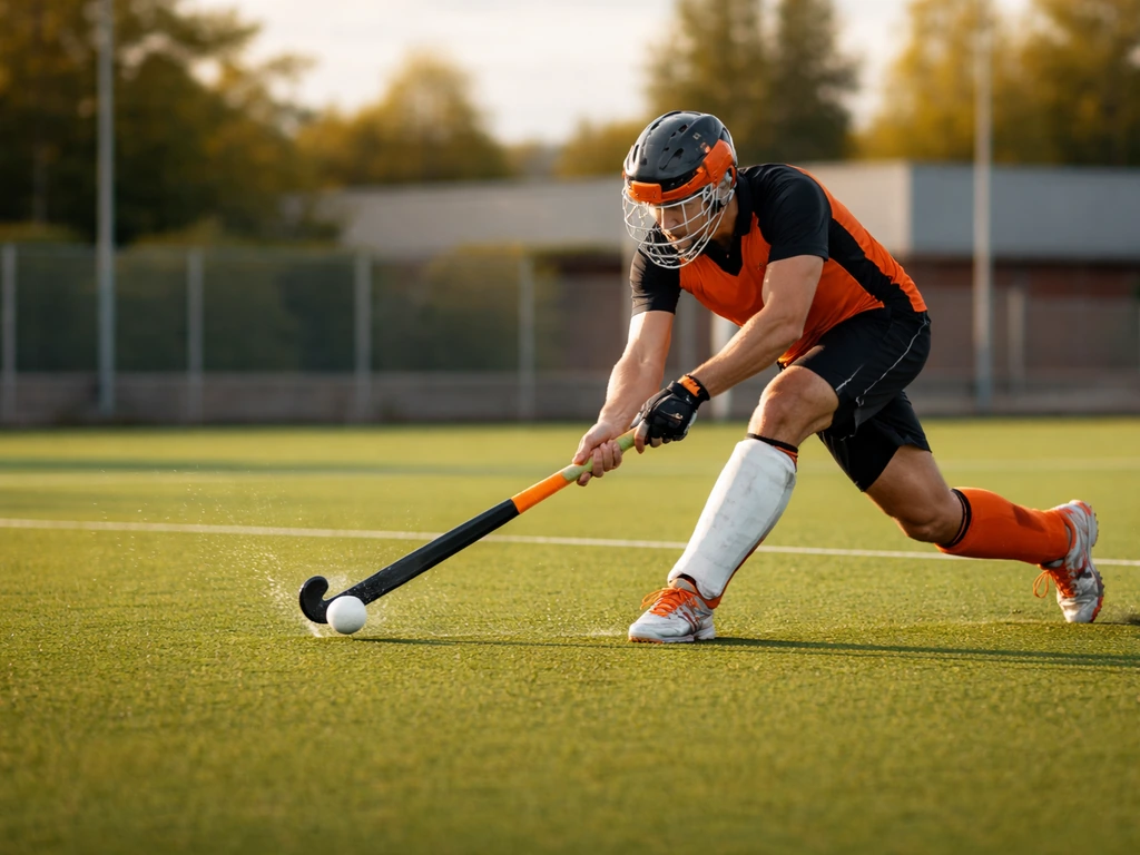 Joueur de hockey sur gazon sur terrain synthétique à Arras, ambiance entraînement.