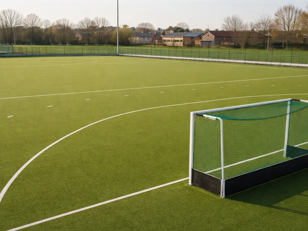 Terrain de hockey sur gazon avec but et marquages, vue sur gazon synthétique à Arras