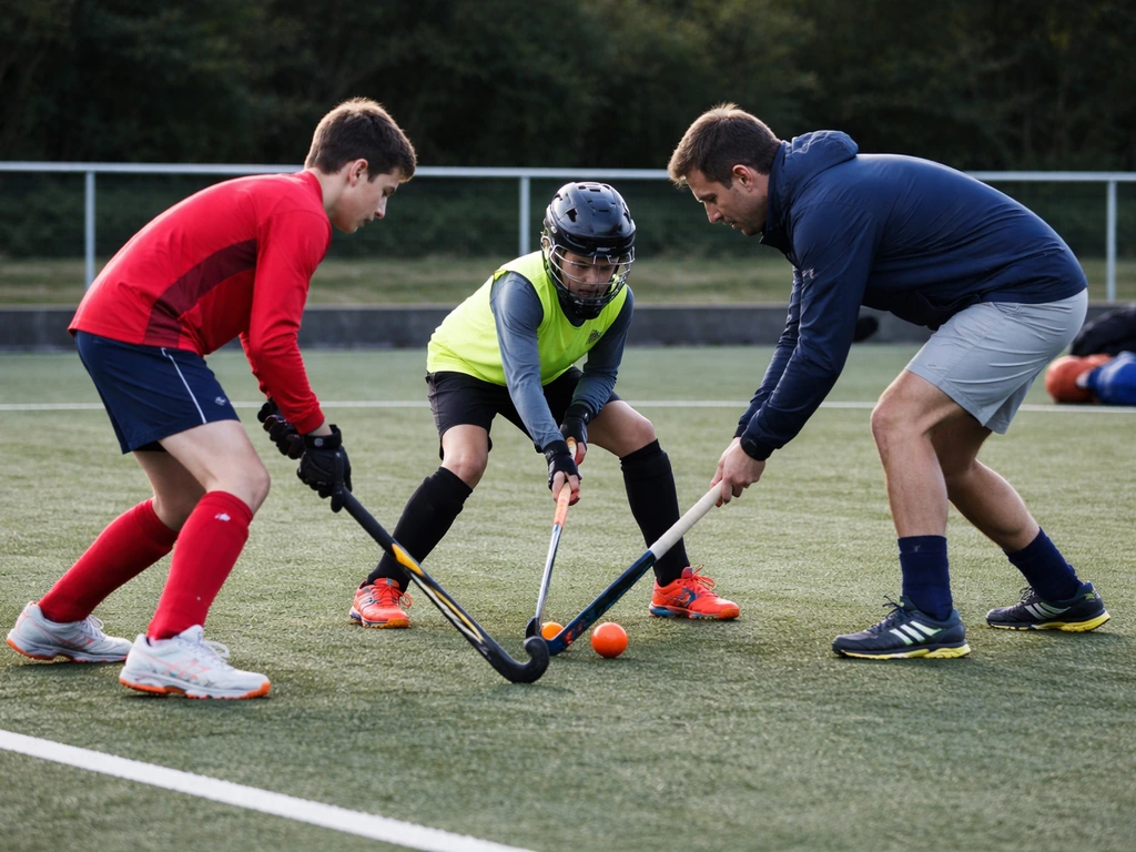 Entraînement de hockey sur gazon sur un terrain synthétique, joueurs de niveaux variés à Arras.