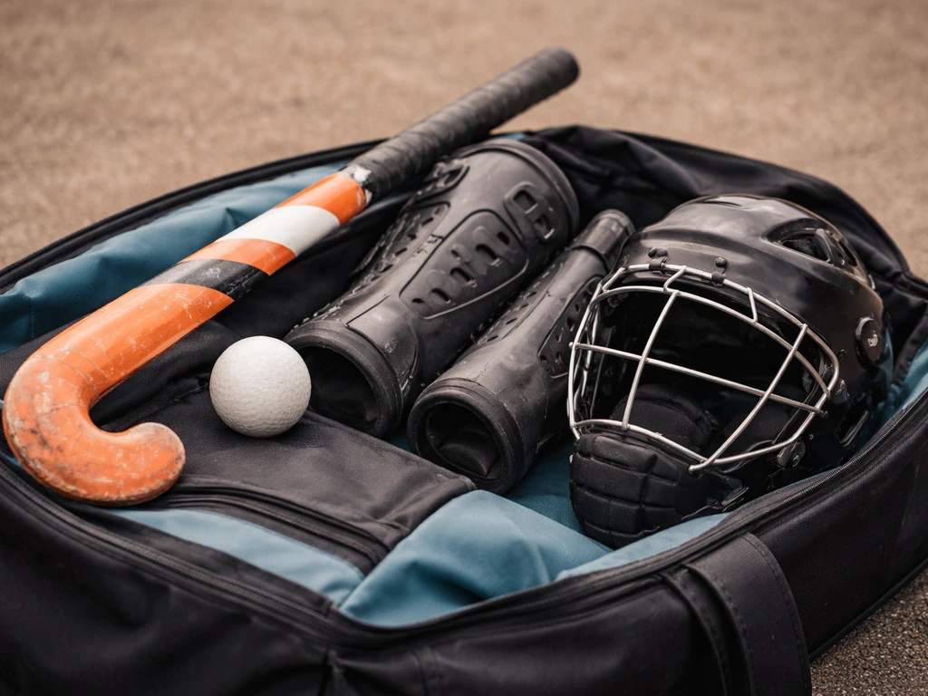 Matériel de hockey sur gazon posé sur un sac : crosse, balle dure identifiable, protège-tibia et équipement de protectio