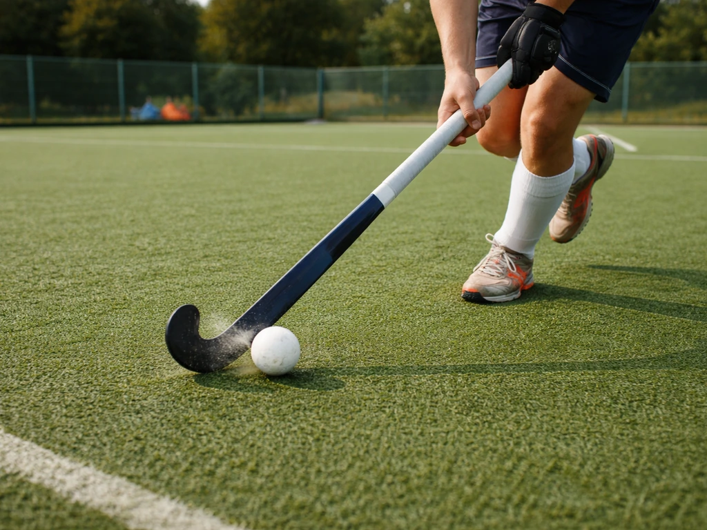 Action de hockey sur gazon sur un terrain de club français, crosse et ballon en mouvement, ambiance extérieure.