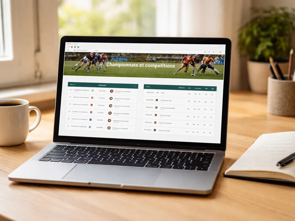 Écran d’ordinateur montrant une rubrique de compétitions de hockey sur gazon, style capture de site sur un bureau.
