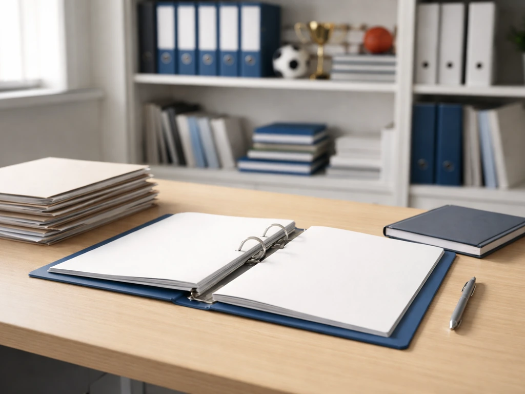 Bureau administratif minimal avec dossiers et documents neutres évoquant la gouvernance du hockey sur gazon.