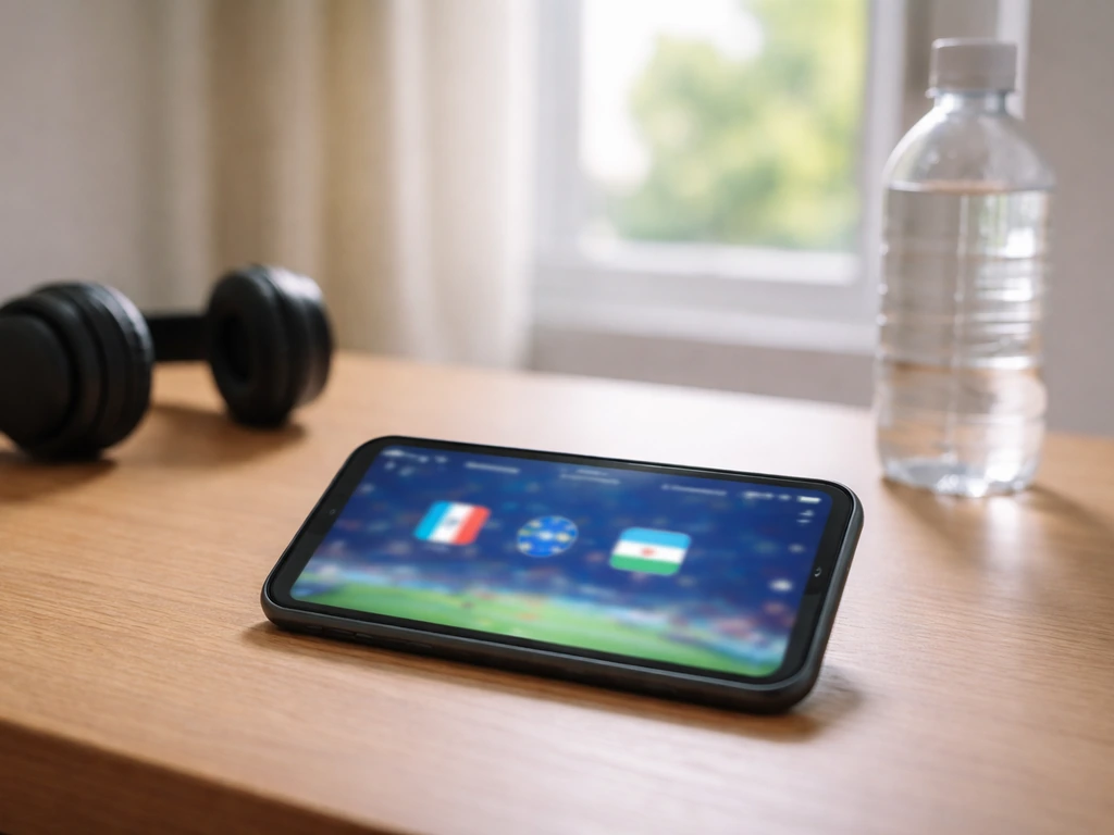 Smartphone sur un bureau, écran de navigation flou évoquant une page de compétition pour suivre un match France–Argentin