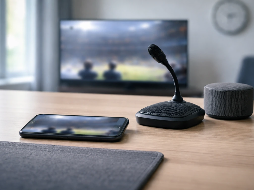 Mic open et smartphone sur un bureau, vue de face, pour illustrer le suivi en direct d’un match de hockey.