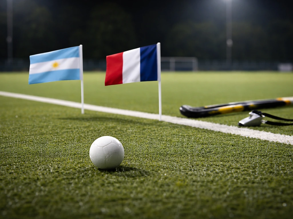 Terrain de hockey sur gazon avec une balle au premier plan et deux drapeaux aux couleurs bleu et blanc, ambiance de matc