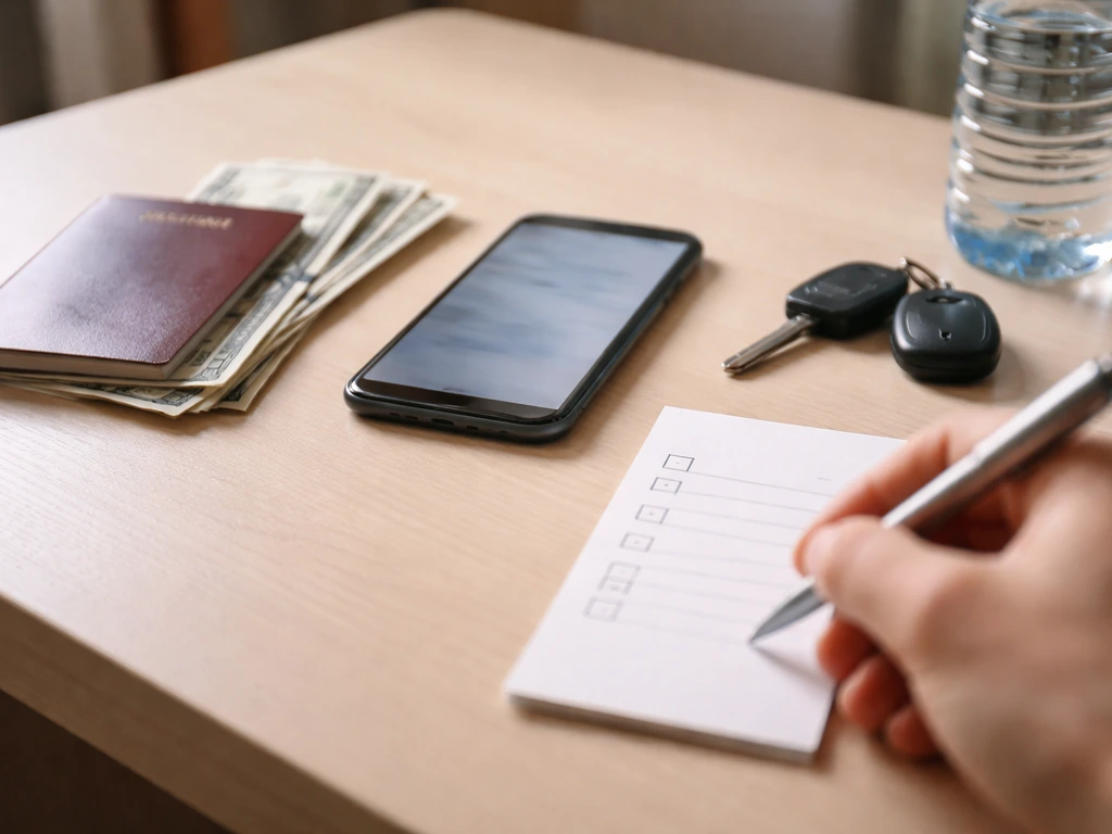Bureau minimal avec billets, passeport et smartphone flou, prêt à cocher une checklist de préparation.