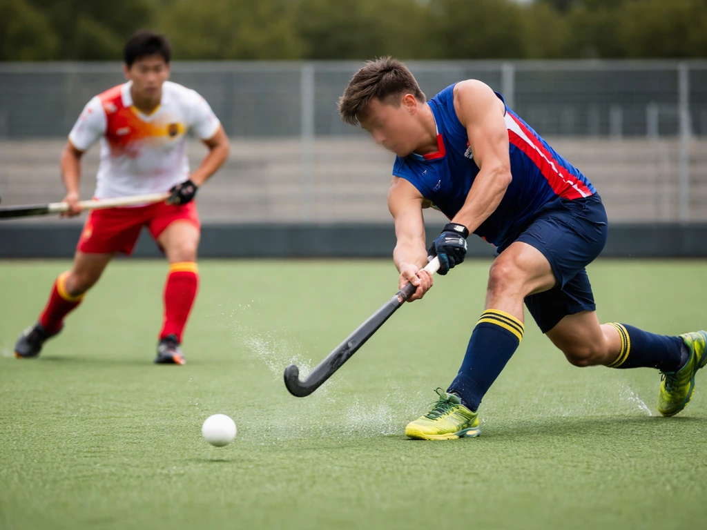 Match de hockey sur gazon Australie–Chine sur gazon synthétique, duel de sticks et ballon en mouvement.