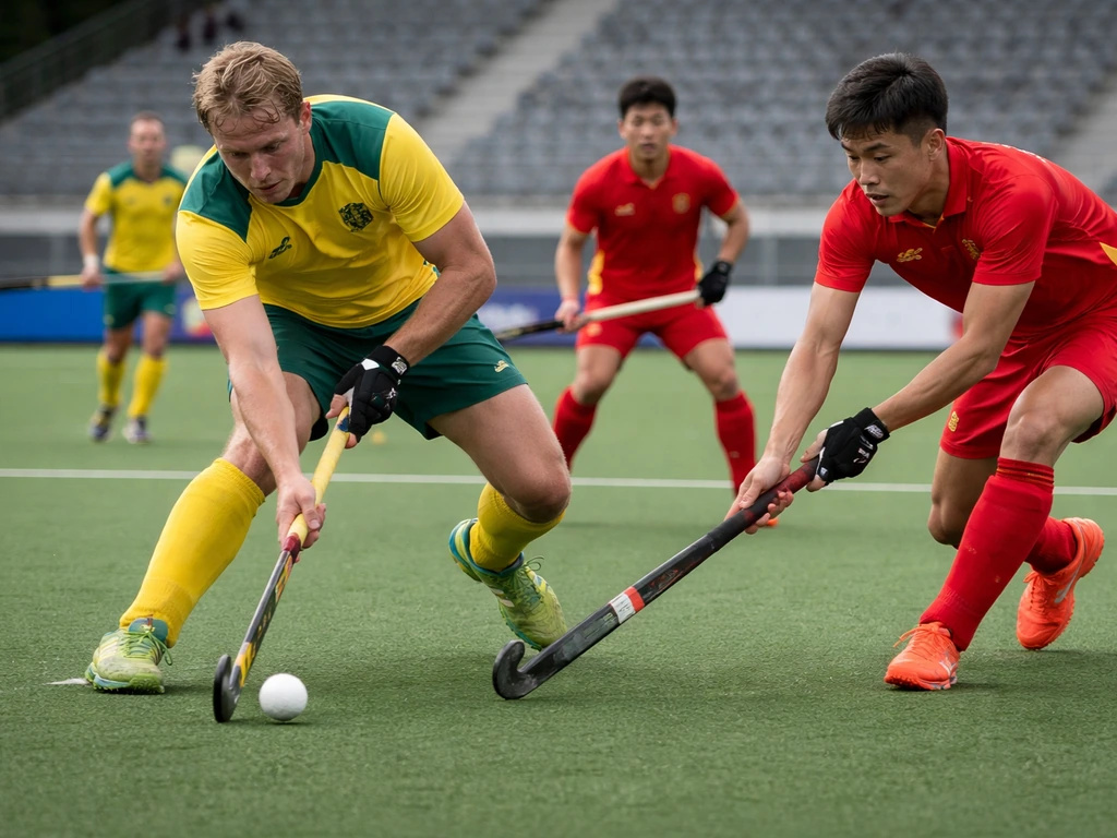 Joueurs de hockey sur gazon en duel sur terrain synthétique, ambiance de match Australie–Chine.