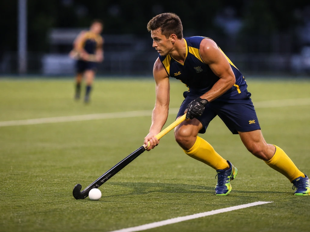 Joueur de hockey sur gazon australien en plein match, stickwork et pressing, ambiance Pro League.