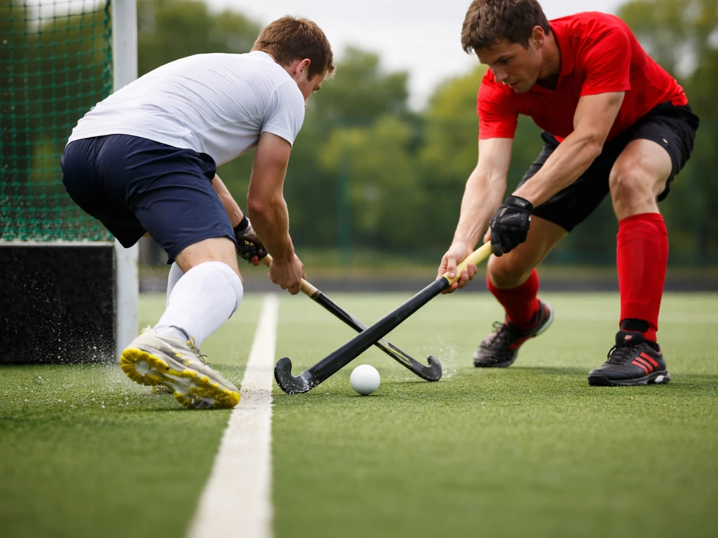 Joueurs de hockey sur gazon en action lors d’une phase de jeu, avec un ballon, éclairage naturel.