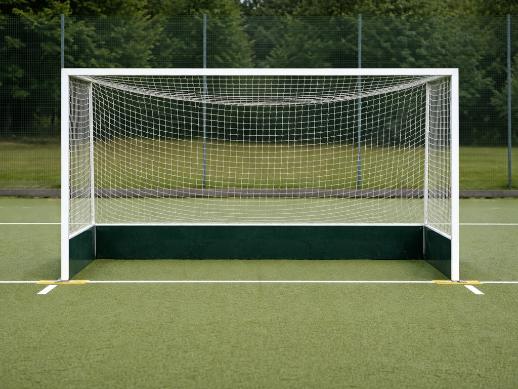 But de hockey sur gazon avec repères de mesure visibles sur le terrain, vue pédagogique et claire.