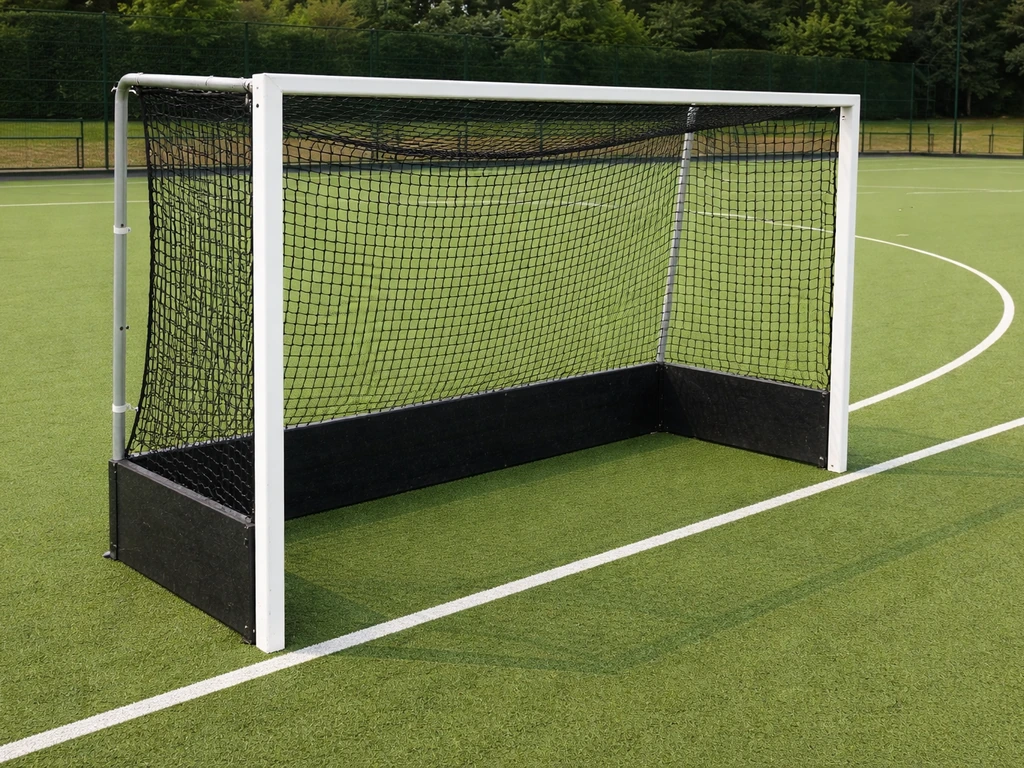 But de hockey sur gazon extérieur avec vue claire de l’intérieur, filet visible et repères du terrain.