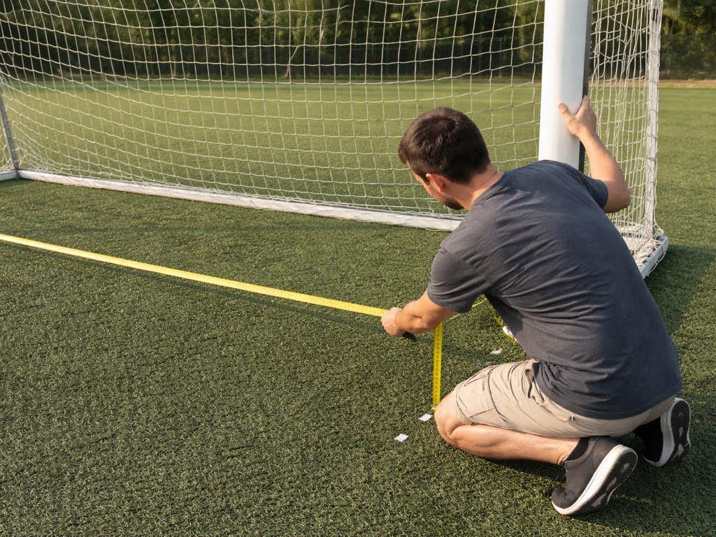 Adulte anonyme mesurant la largeur intérieure d’un but de football avec un mètre ruban, vérification de la hauteur.