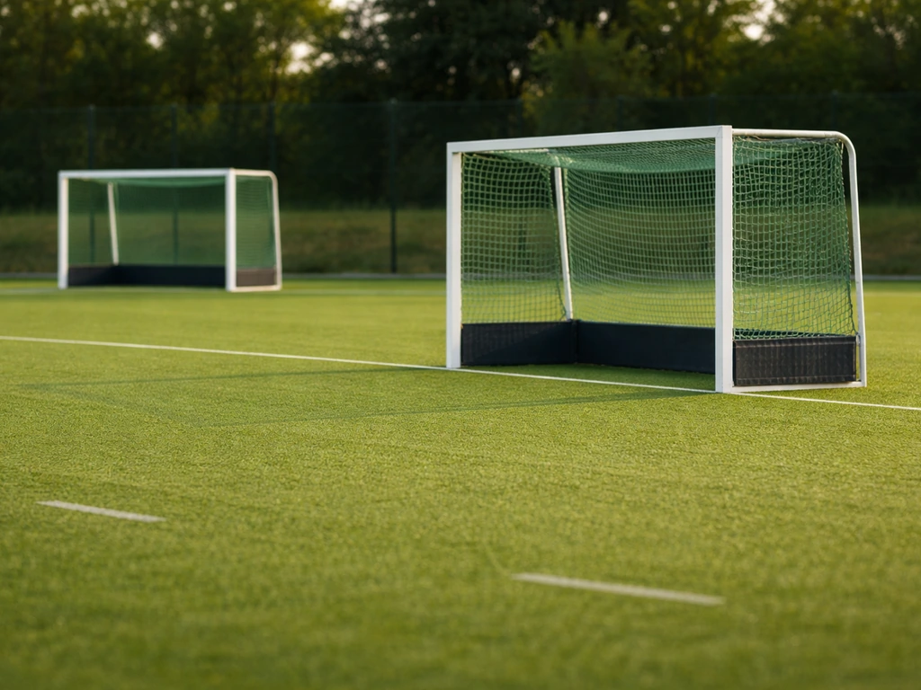 Buts de hockey sur gazon réglementaires installés sur un terrain, vue rapprochée et vérification avant validation.