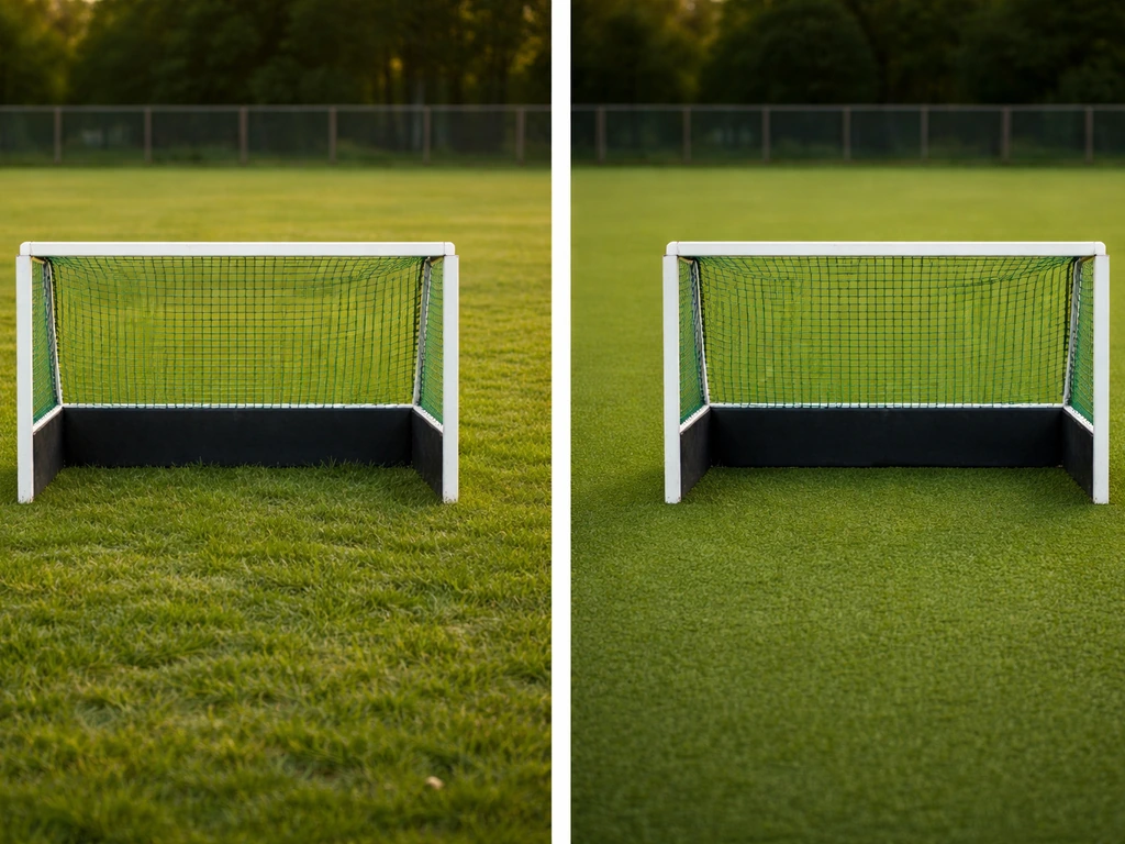 Deux petits buts de hockey côte à côte : gazon naturel à gauche, terrain synthétique à droite, dimensions identiques.