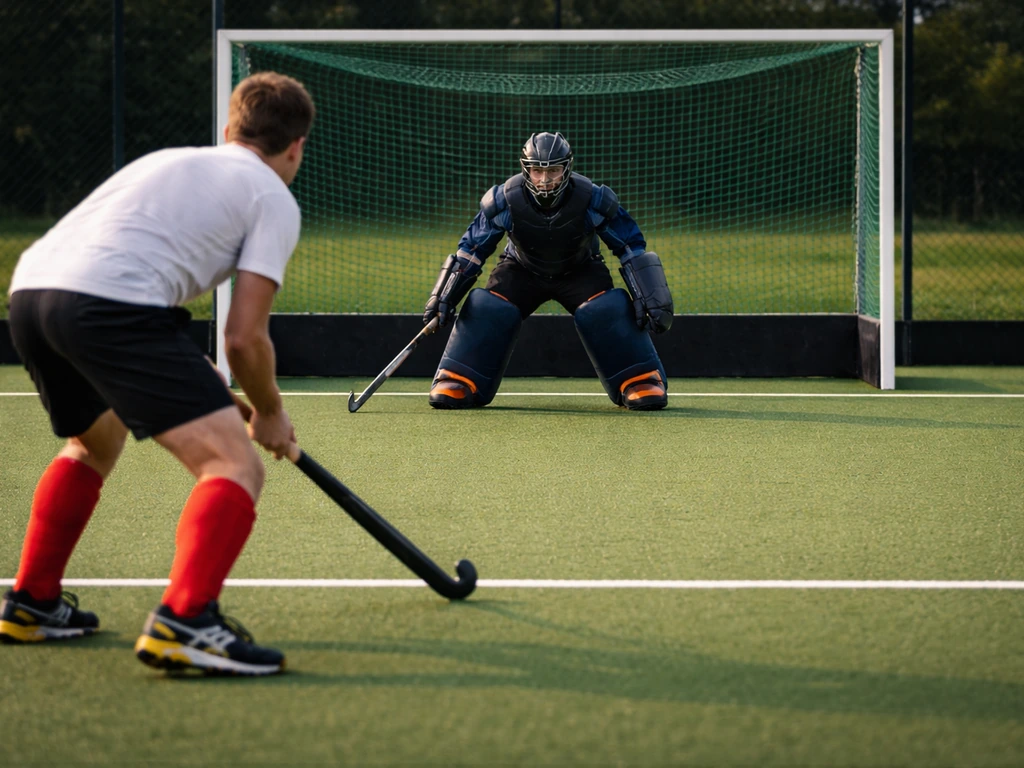 Duel de shoot-out hockey sur gazon : attaquant prêt à frapper et gardien en position devant le but.