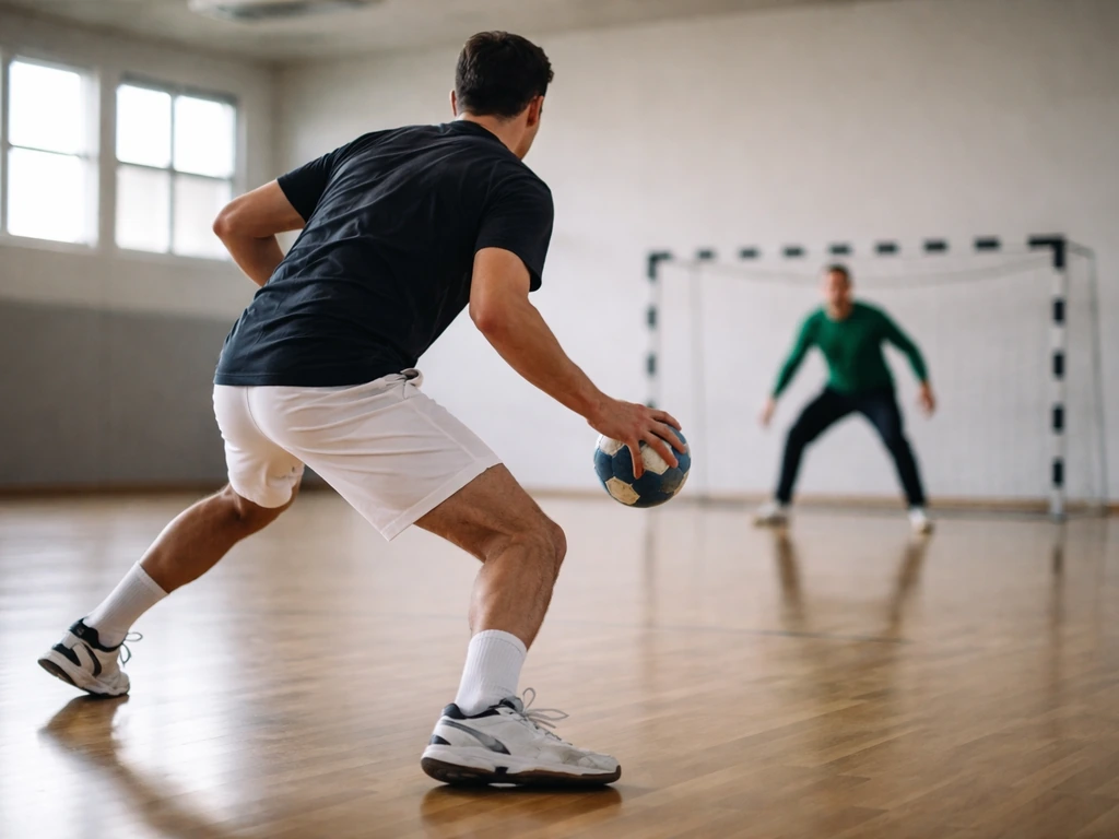 Attaquant en feinte devant un gardien en position, vue latérale dans une salle de handball, ambiance minimaliste.