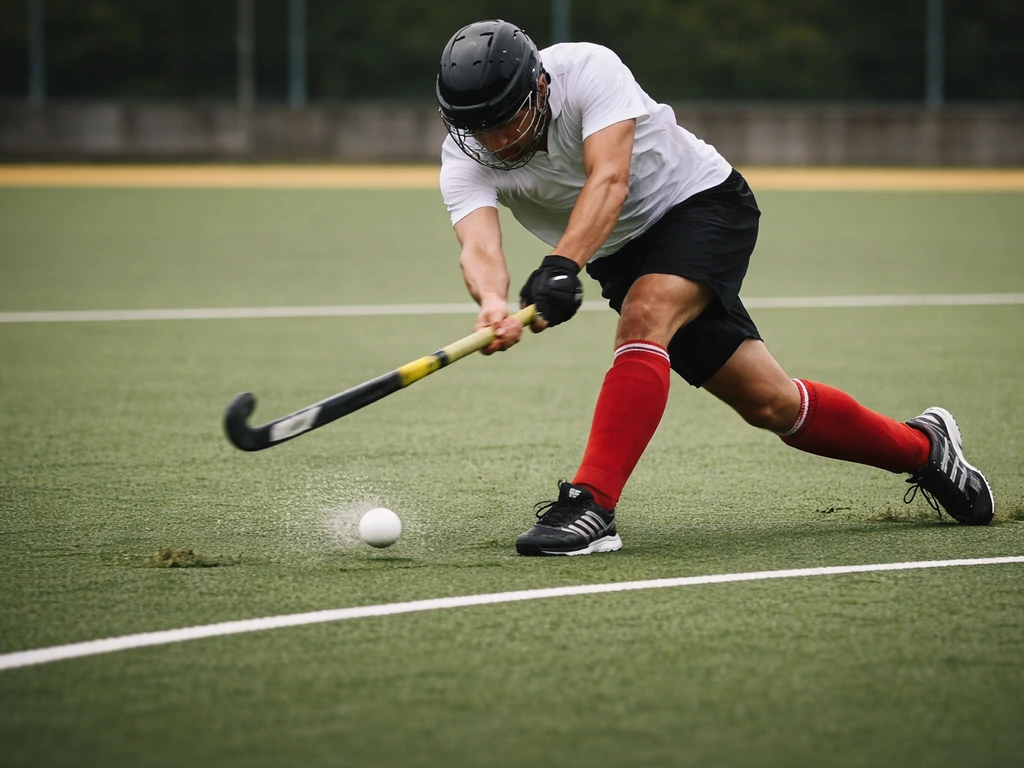 Action de hockey sur gazon sur un terrain synthétique, un joueur frappe la balle près du cercle