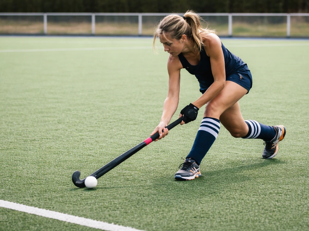 Joueuse anonyme de hockey sur gazon féminin frappe la balle en plein match sur terrain synthétique vert.