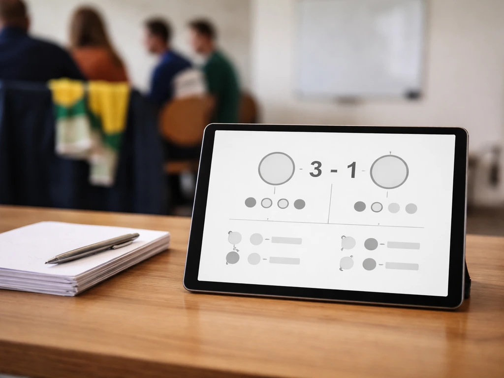 Bureau avec tablette et feuille montrant une ligne de score et des icônes abstraites de stats de poule, sans texte.