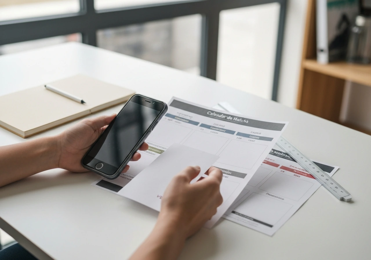 Mains anonymes qui comparent sur papier et smartphone deux calendriers de matchs, simple et épuré.