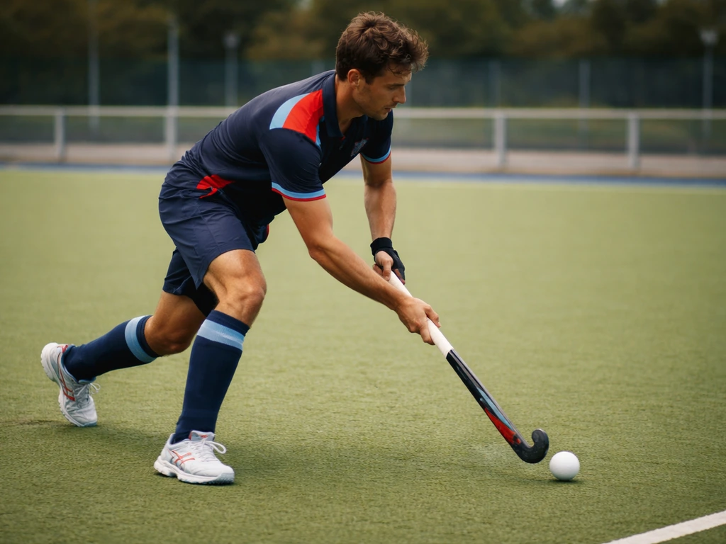 Match de hockey sur gazon sur terrain vert synthétique, un joueur avec stick et ballon dans un stade calme.