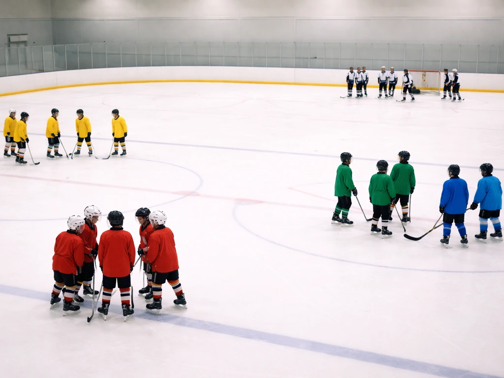 Plusieurs groupes de hockey sur la glace, enfants U8 à U19 et seniors, tenues de couleurs différentes, en intérieur.