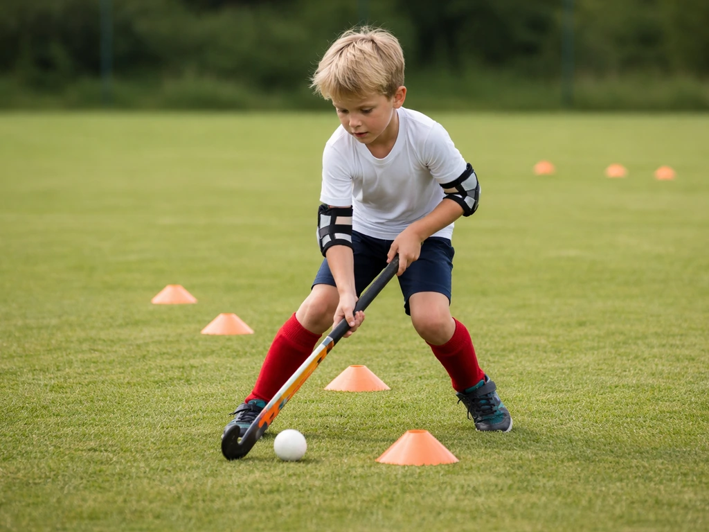Un enfant s’entraîne au hockey sur gazon avec sa crosse près de plots orange sur un terrain en herbe.