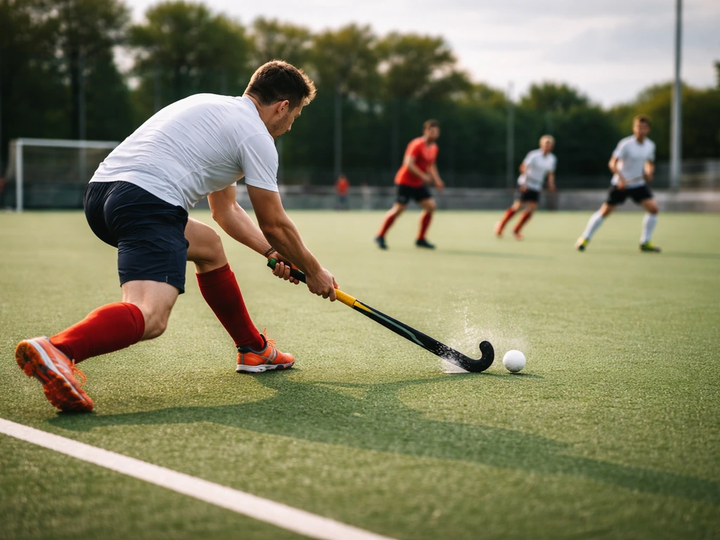 Match de hockey sur gazon sur terrain synthétique, joueurs en action avec sticks et ballon.