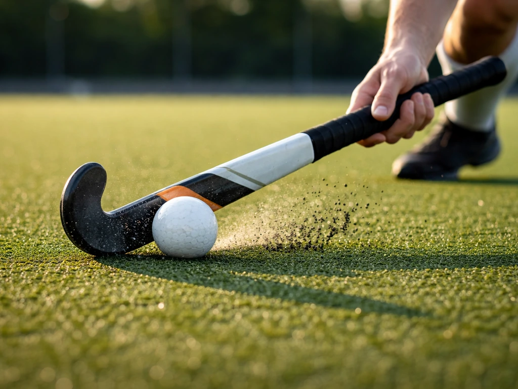 Gros plan d’une crosse de hockey sur gazon synthétique, ballon au niveau du plat pour contrôle et tir.