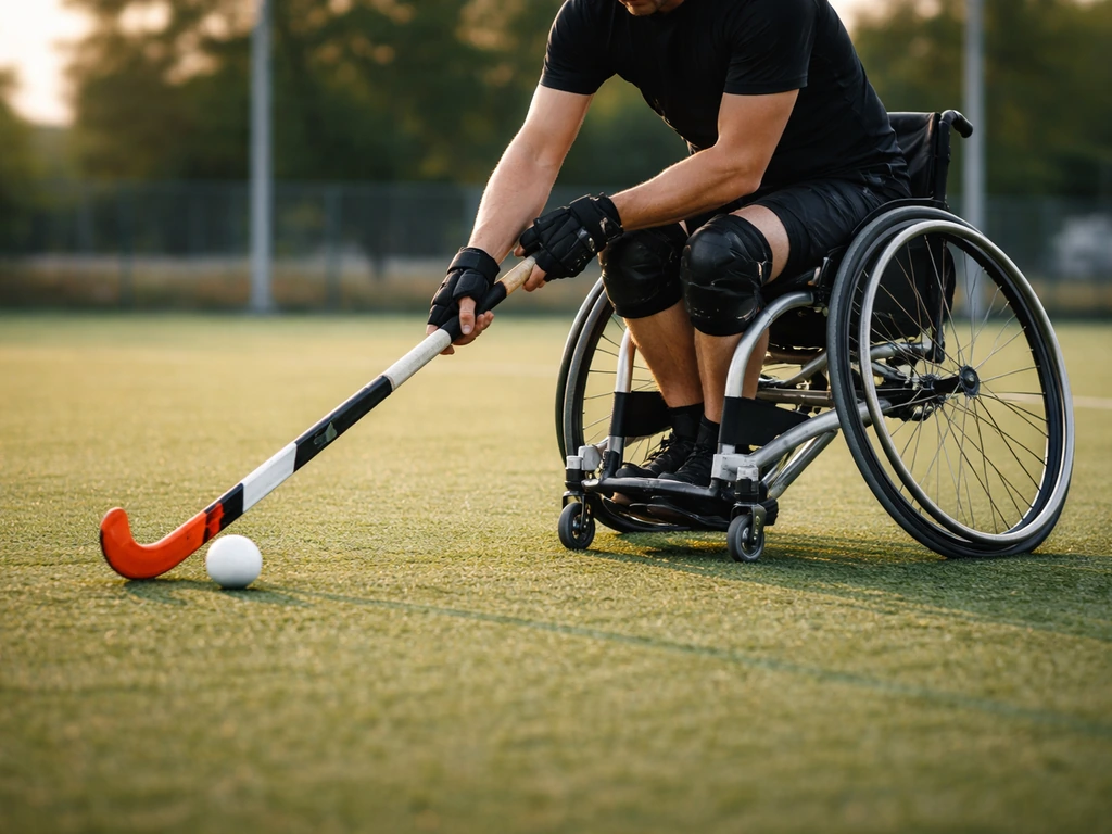 Un joueur anonyme en fauteuil roulant joue au para-hockey sur gazon, sur terrain synthétique vert.