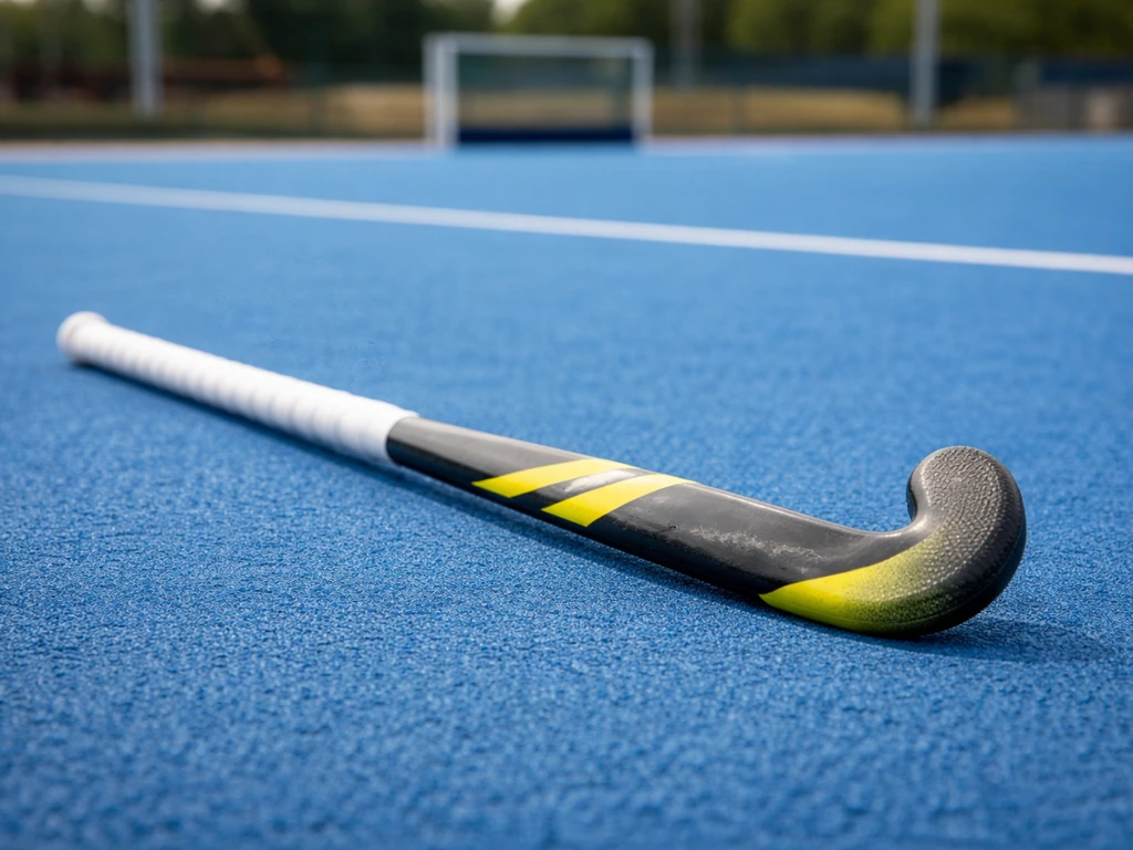 Crosse de hockey sur gazon posée sur un terrain synthétique, lame et manche bien visibles, but flou au fond.