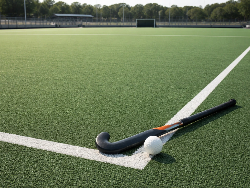 Terrain de hockey sur gazon synthétique, avec une crosse et un ballon près de la ligne, ambiance match U21.