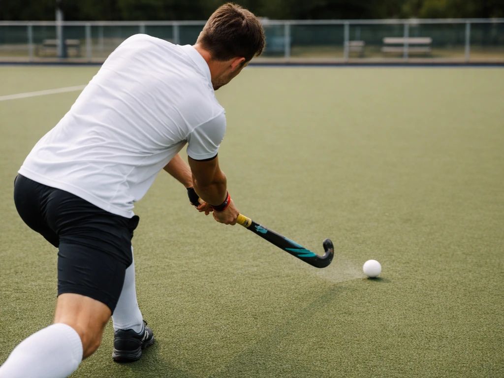 Joueur anonyme de hockey sur gazon outdoor sur terrain synthétique extérieur, crosse et balle en action.