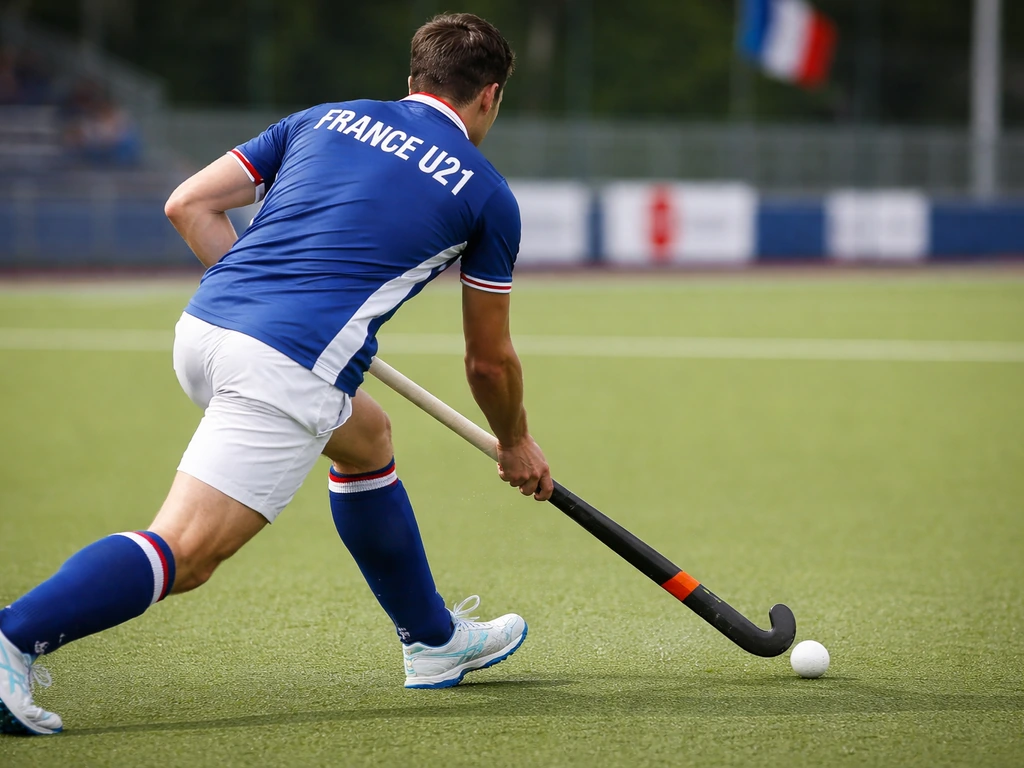 Joueur de hockey U21 France en action sur un terrain synthétique, maillot bleu et blanc “France U21”.