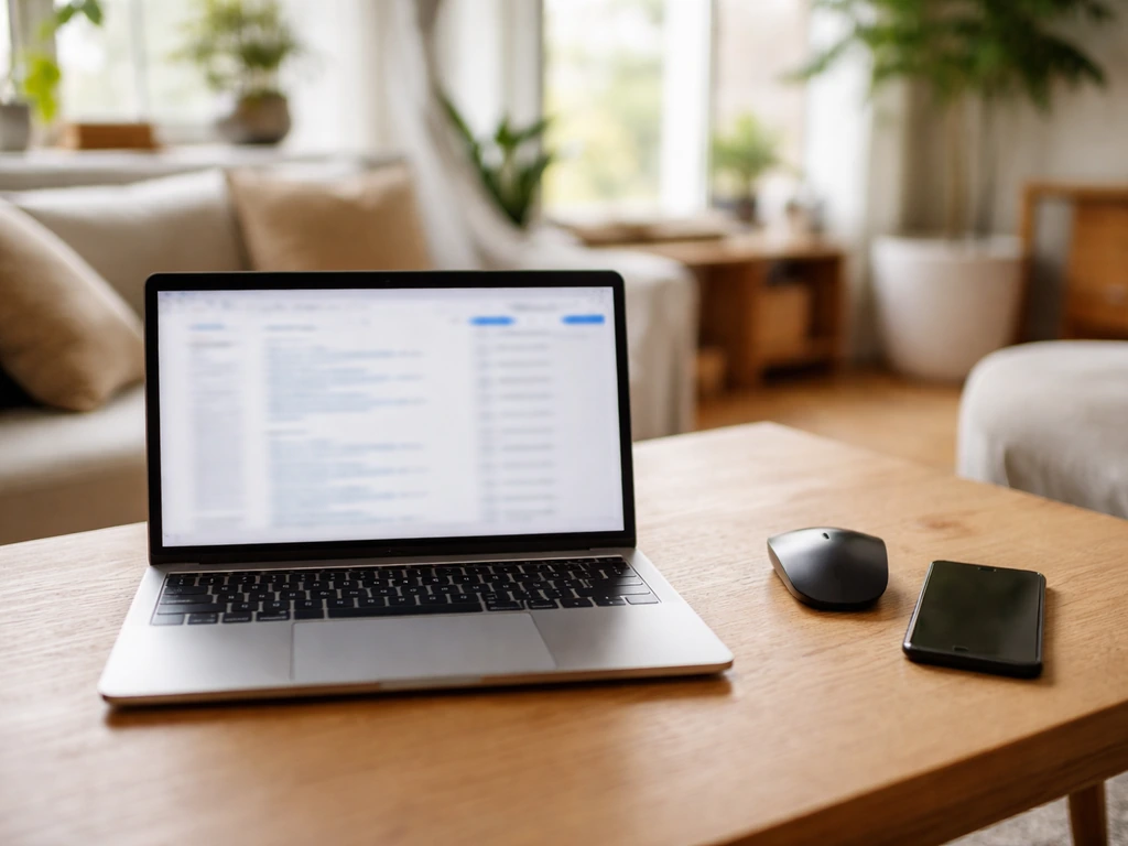 Ordinateur portable sur une table, écran web flou suggérant la recherche d’informations officielles.