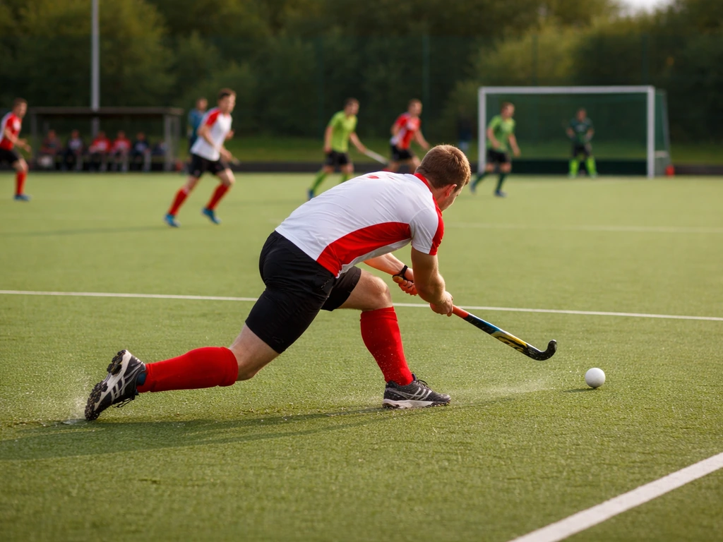 Match de hockey sur gazon près de Calais, joueurs sur terrain synthétique, ambiance dynamique au bord du terrain.