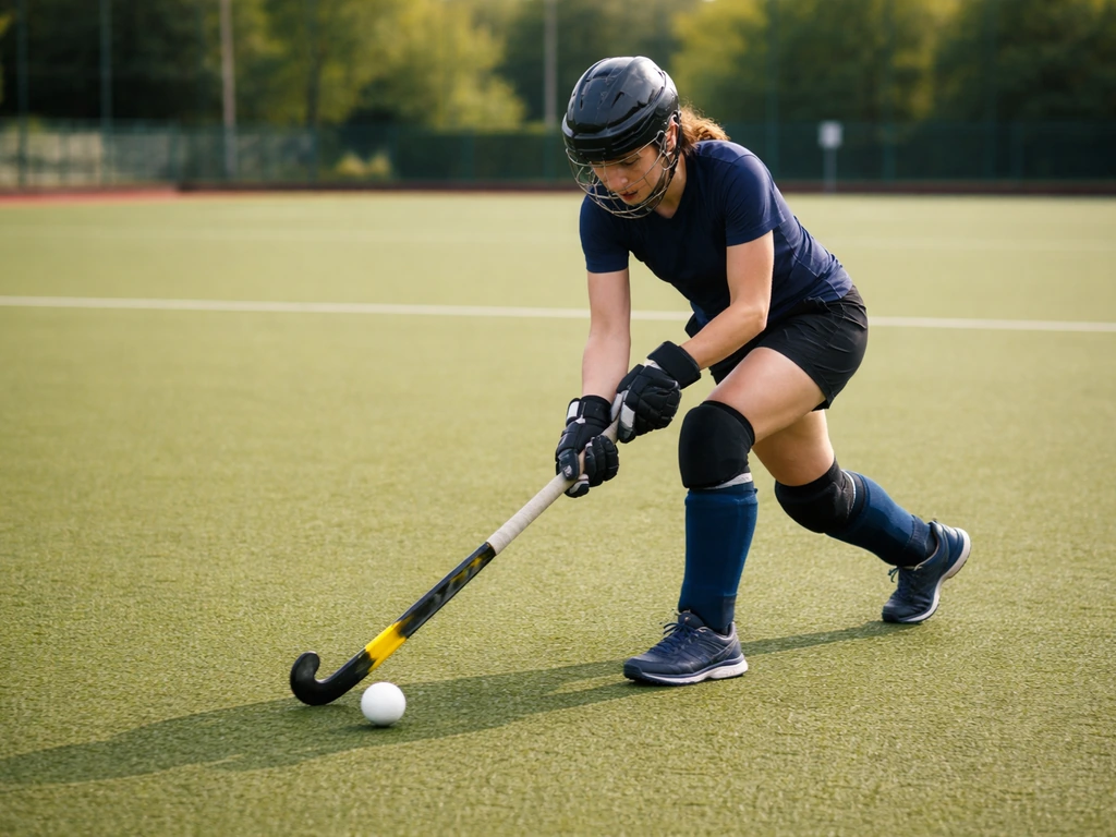 Joueur de hockey sur gazon anonyme contrôlant la balle sur gazon synthétique lors d’un essai.