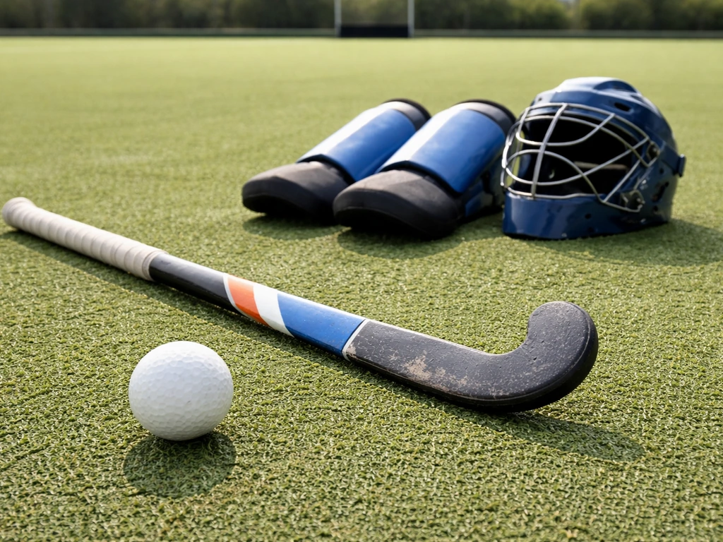 Balle de hockey sur gazon et protections alignées près d’un stick sur gazon vert, photo réaliste.