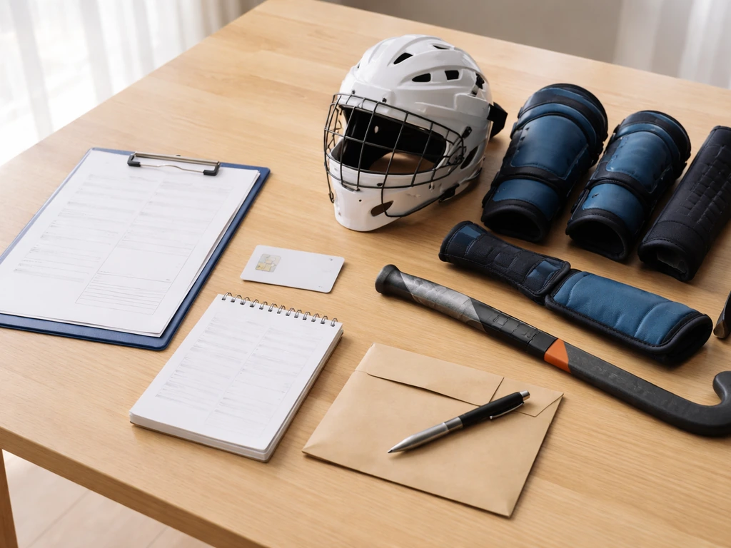 Table avec dossier d’inscription générique, pièce d’identité et matériel de hockey sur gazon, prêts à être déposés.