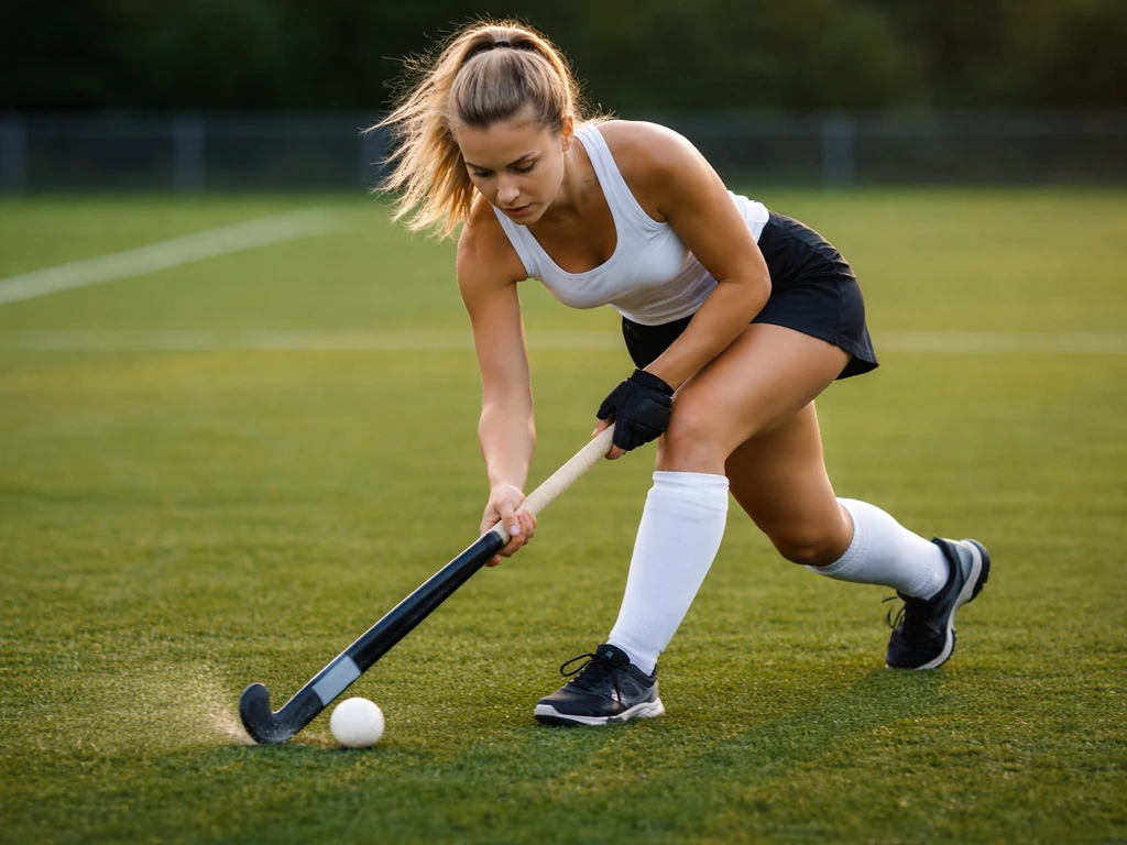 Joueuse de hockey sur gazon féminin en action, stick sur la balle, terrain vert au premier plan.