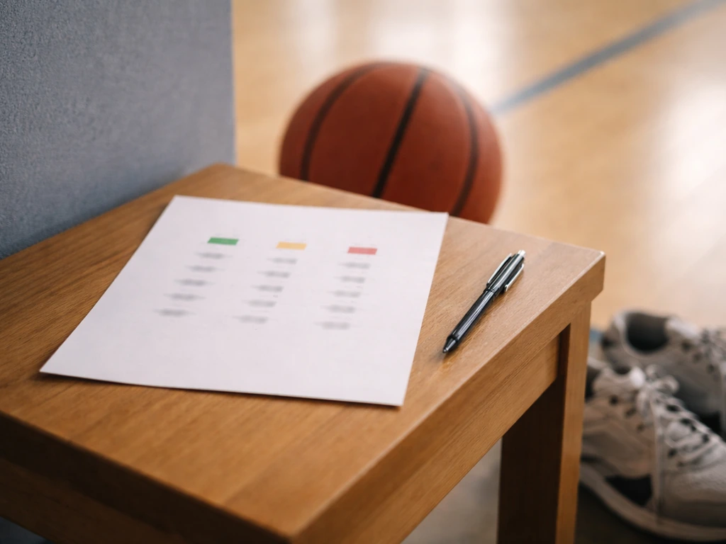 Tableau minimaliste photo-réaliste avec trois résultats (victoire, nul, défaite) et des points flous, ambiance sportive.
