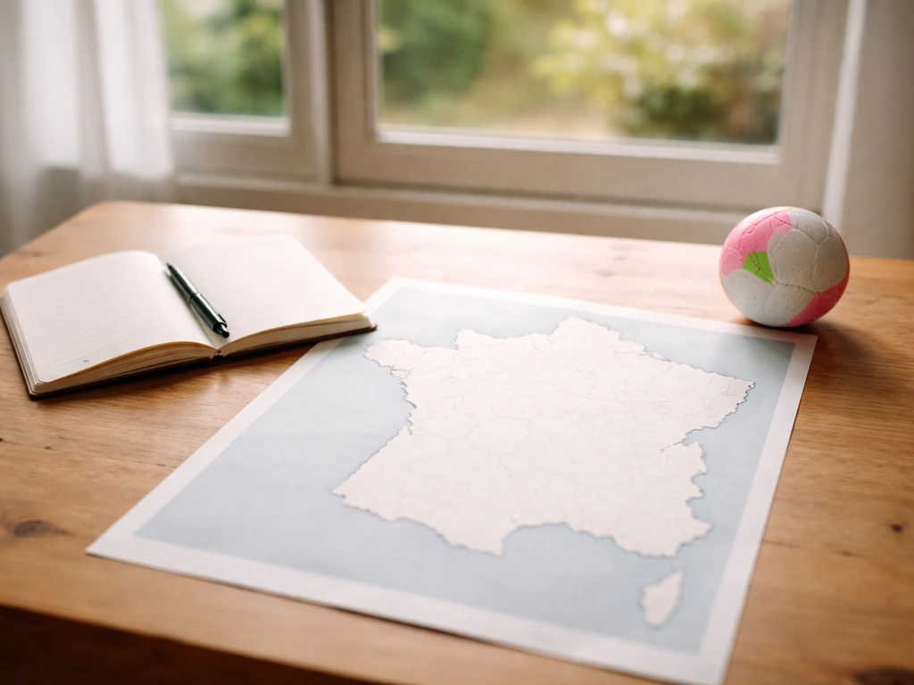 Carte de France sur une table avec un carnet vierge et un ballon de hockey sur gazon, ambiance week-end