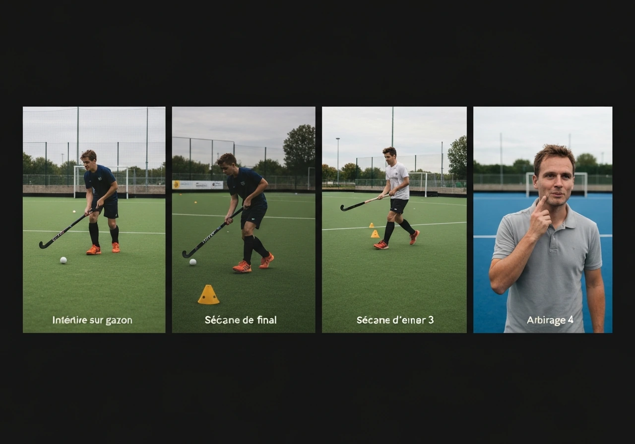 Collage discret de quatre vignettes anonymes illustrant hockey sur gazon: match, finale, entraînement, arbitrage