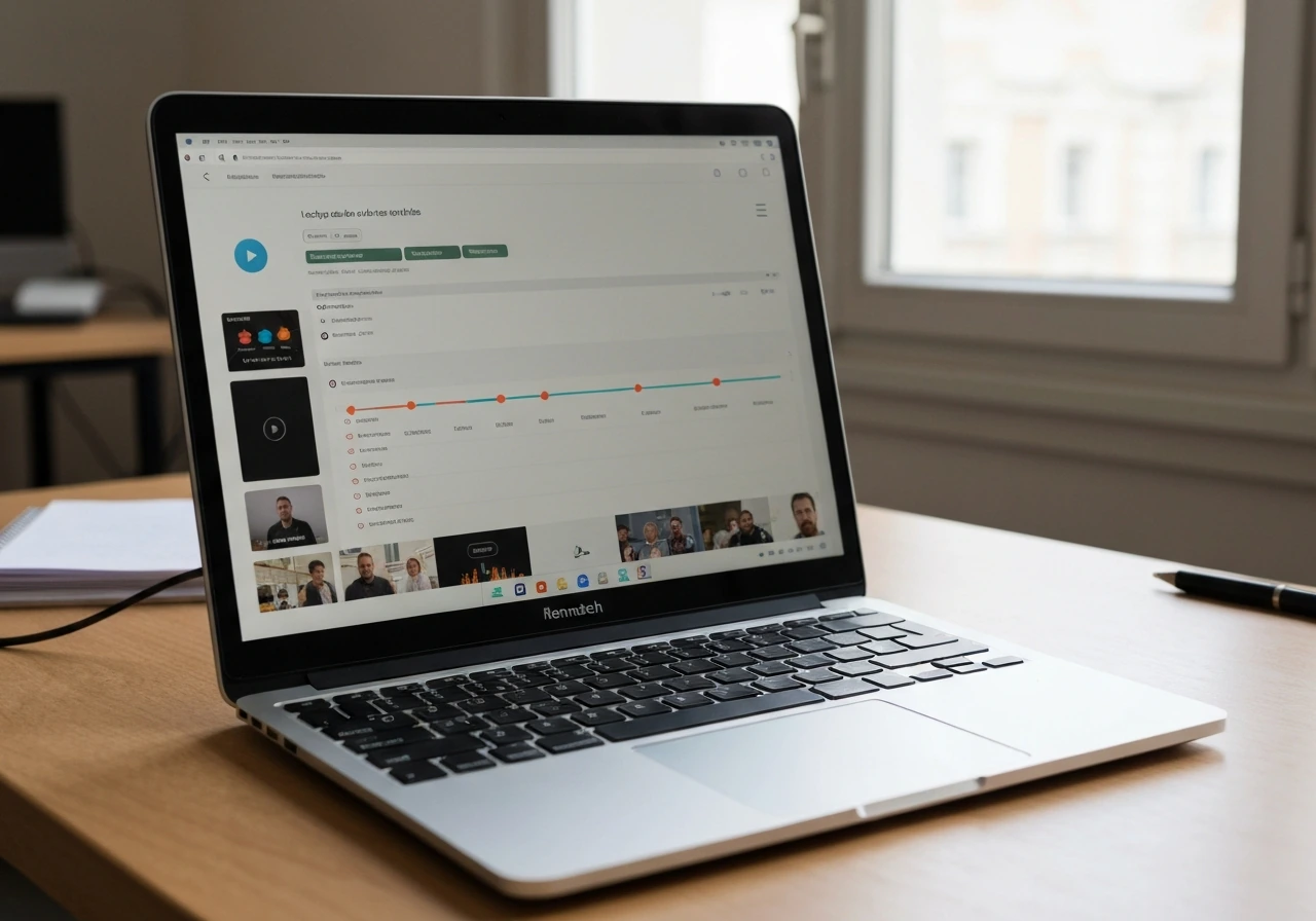Ordinateur portable montrant une plateforme vidéo de hockey avec lecture et vignettes, ambiance bureau calme.