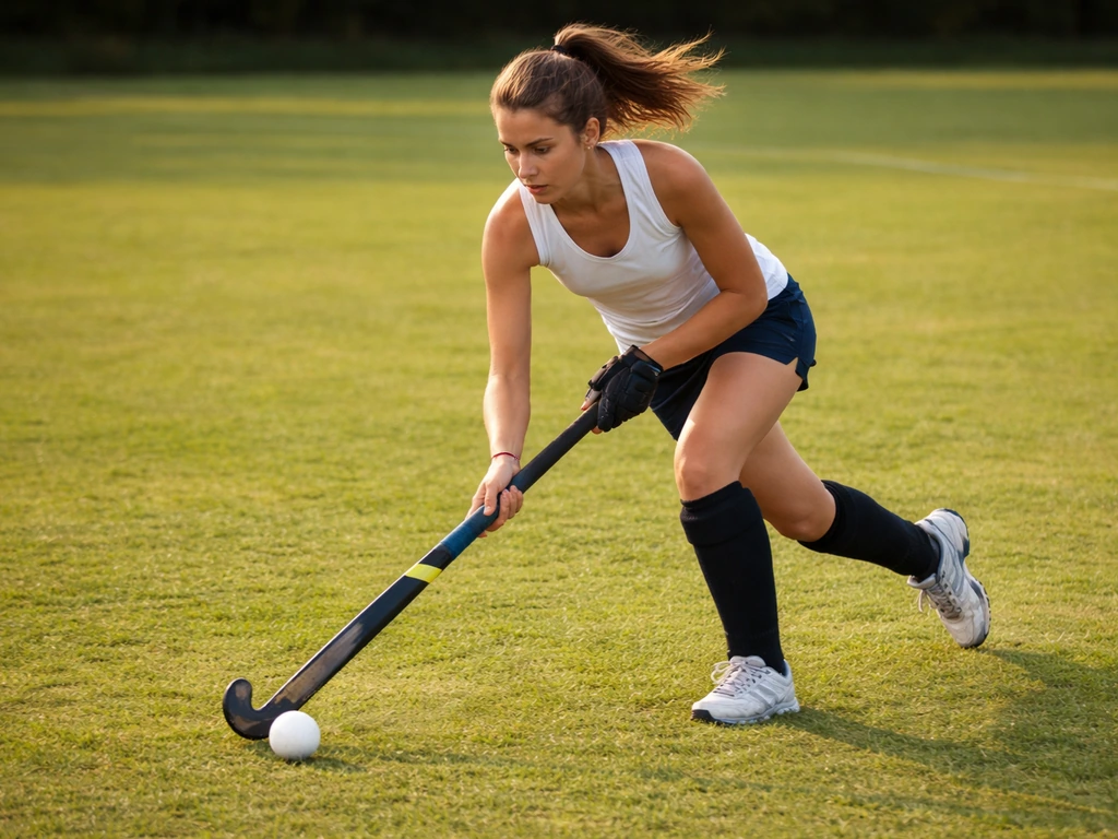 Joueur de hockey sur gazon en pleine course avec conduite de balle sur un terrain en gazon naturel.