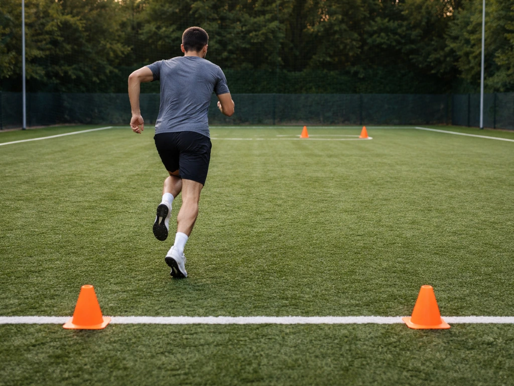 Sur un terrain, sprint-navette 20 m : plots au sol, coureur en mouvement et zone de récupération visible