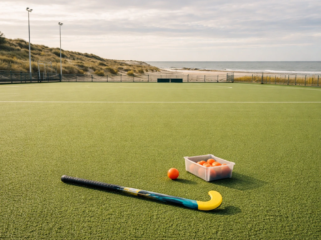 Terrain de hockey au Touquet-Paris-Plage avec vue sur la côte de la Manche, ambiance littorale.